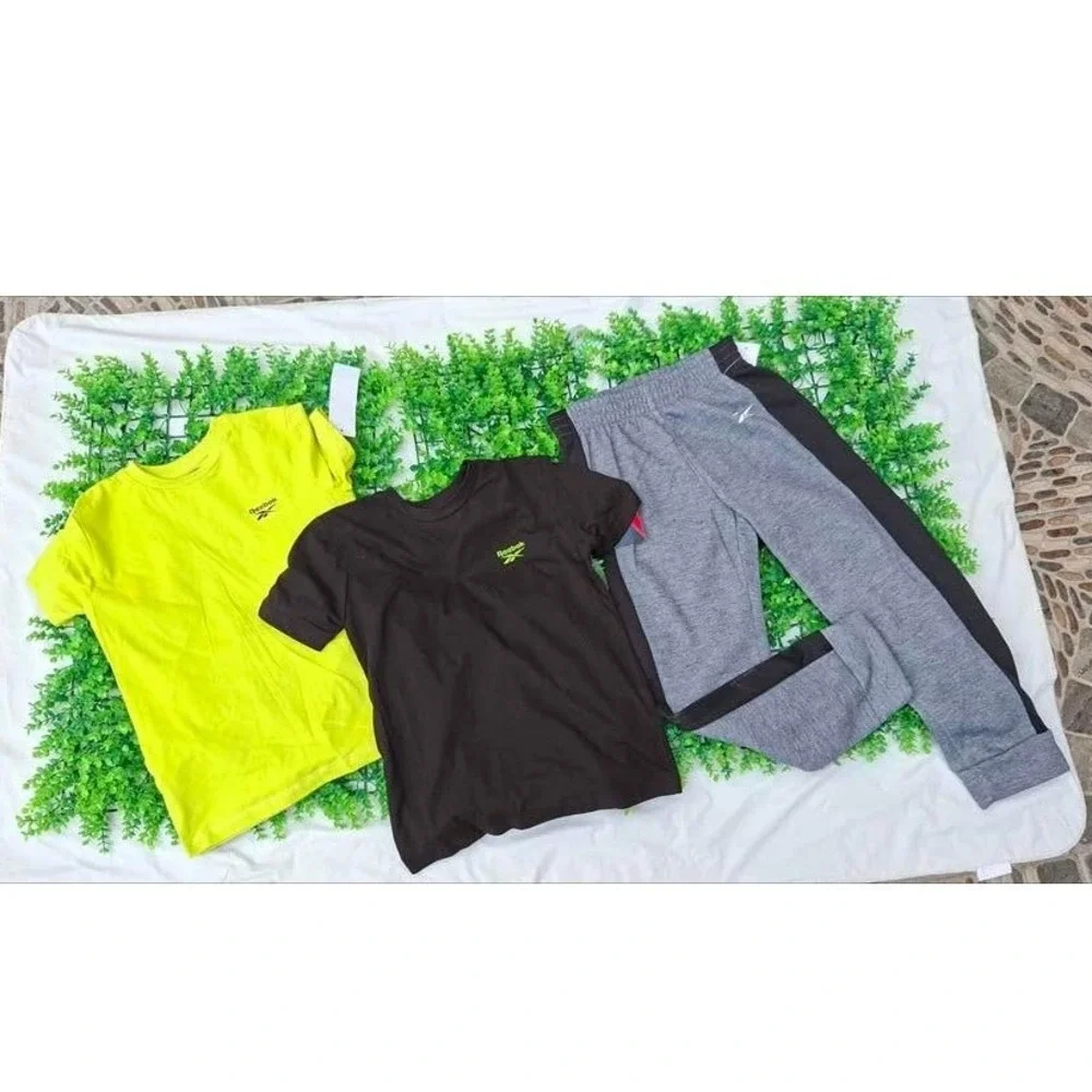 Reebok Boys 3pc Activewear Set 2 T-Shirts and Joggers Gray Black Lime Green 10